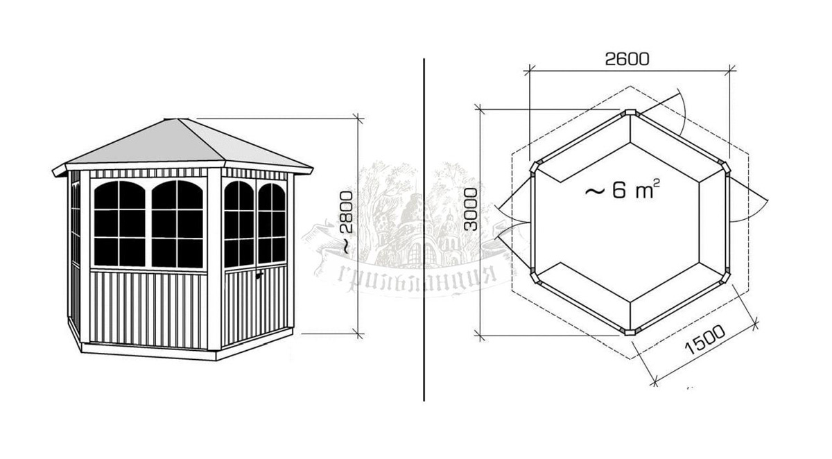 Чертежи шестиугольной беседки из дерева с размерами